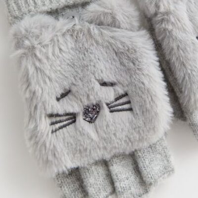 Girls Grey Knit Cat Flip Top Gloves