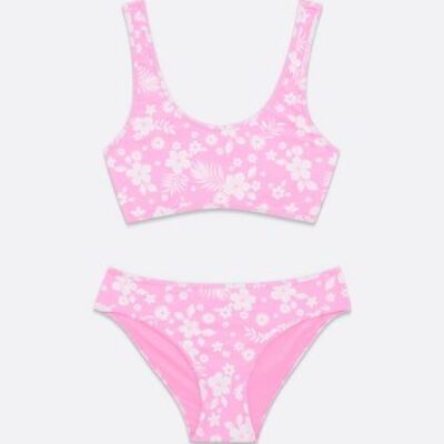 Girls Pink Tropical Scoop Neck Bikini Set